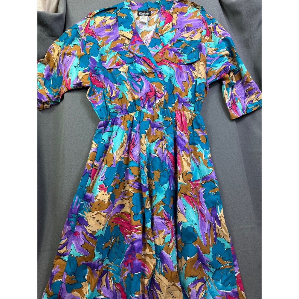 VTG Caliche 80s Abstract Floral Midi Dress Teal Purpleβ Button Front Women 16P